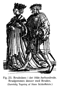Brudepar på 1500-tallet. (Fra boken Dagligt Liv i det 16nde Aarhunde av Troels-Lund)
