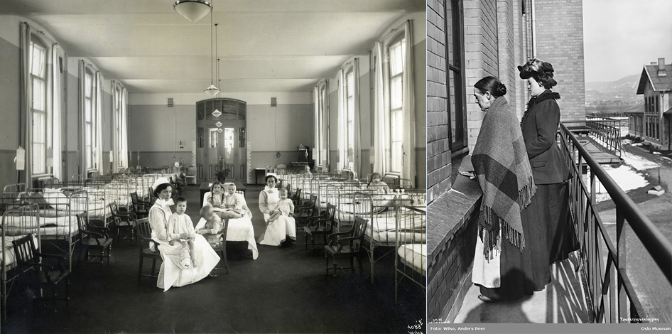 Fra venstre: Barnepasienter og sykepleiersker på barneavdelingen på Ullevål sykehus. Bildet er brukt i kommuneberetningen for årene 1887- 1911. (Foto: A.B. Wilse/ Oslo byarkiv.) Fotografiet til høyre er tatt utenfor epidemiavdelingen på Ullevål sykehus, 1905. (Foto: A.B. Wilse, eier Oslo Museum.)