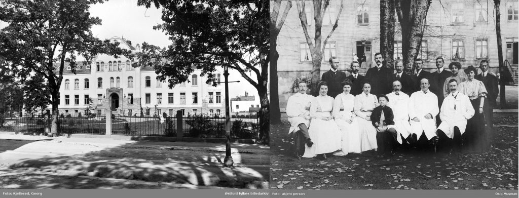 Fra venstre: E. C. Dahls stiftelse til Trondheim, som inspirerte meg til å skrive fra et hospital for barn og kvinner. Fotografiet til høyre er hentet fra fødselsstiftelsen i Kristiania. Personene som er avbildet er personalet ved stiftelsen (1906).