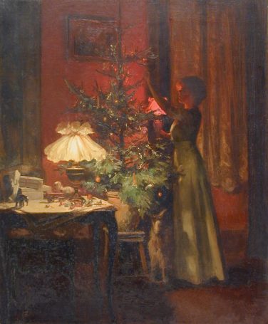 Ung kvinne dekorer juletre. Marcel Rieder (1898), Wikipedia.